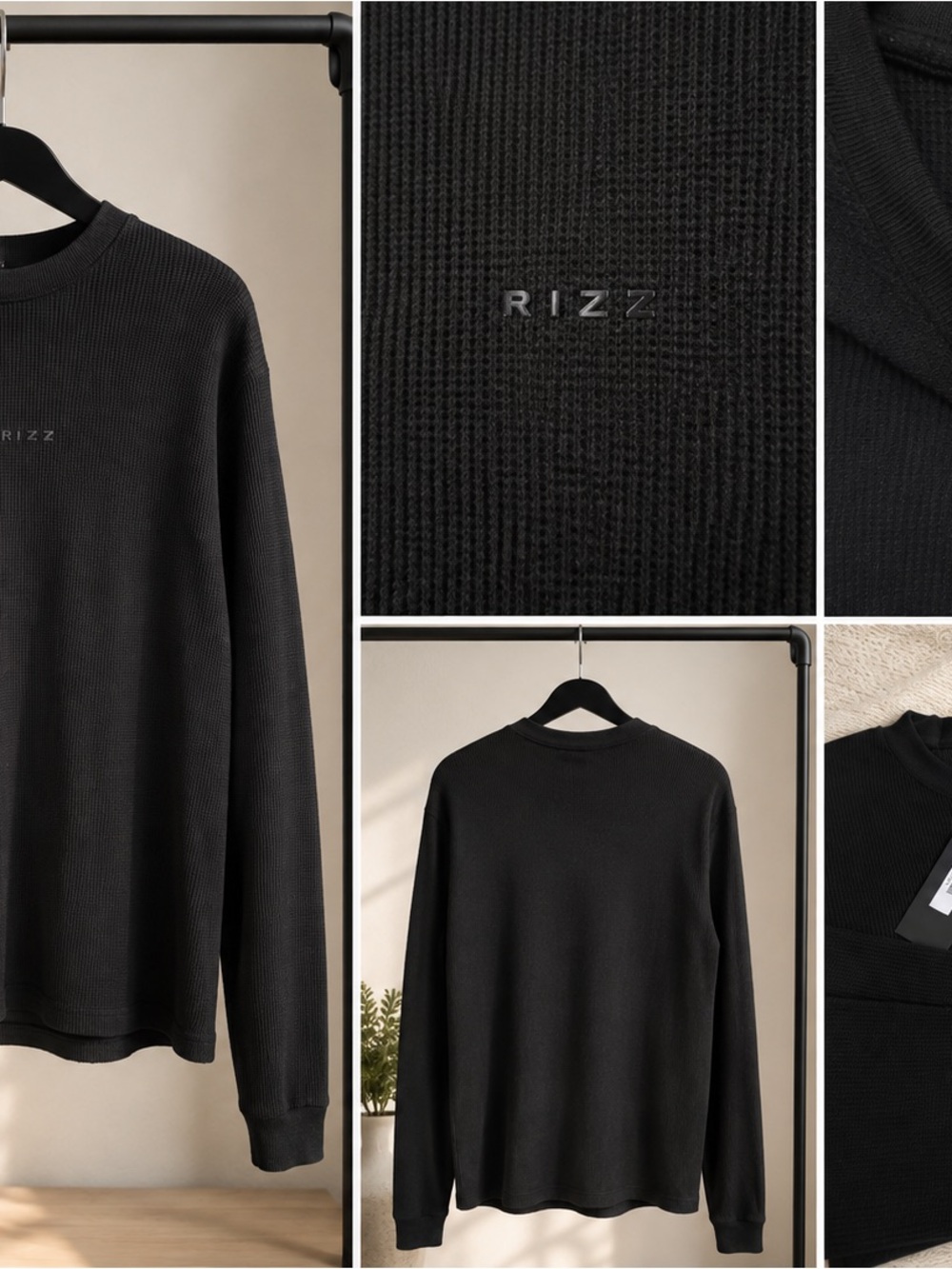 Rizz Men's Black Waffle-Knit Crewneck Sweater